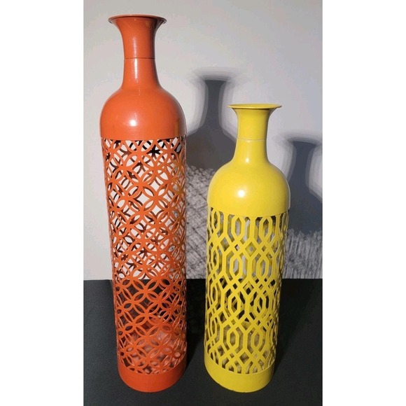 Floor Metal Art Vases Orange Yellow Metal Vases Set 2 Retro 70's Mcm Colors Vtg